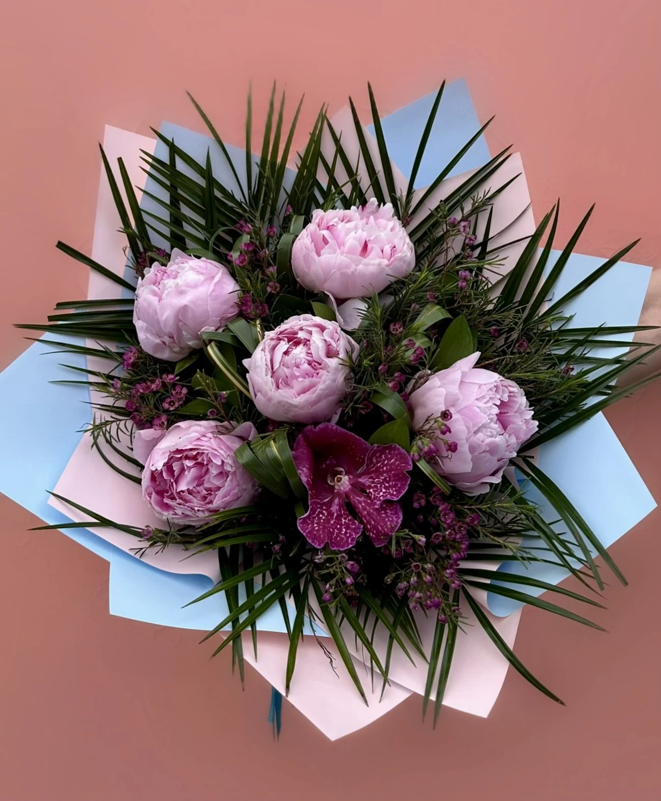 5’li Pembe Şakayık & Vanda Orkide Buketi