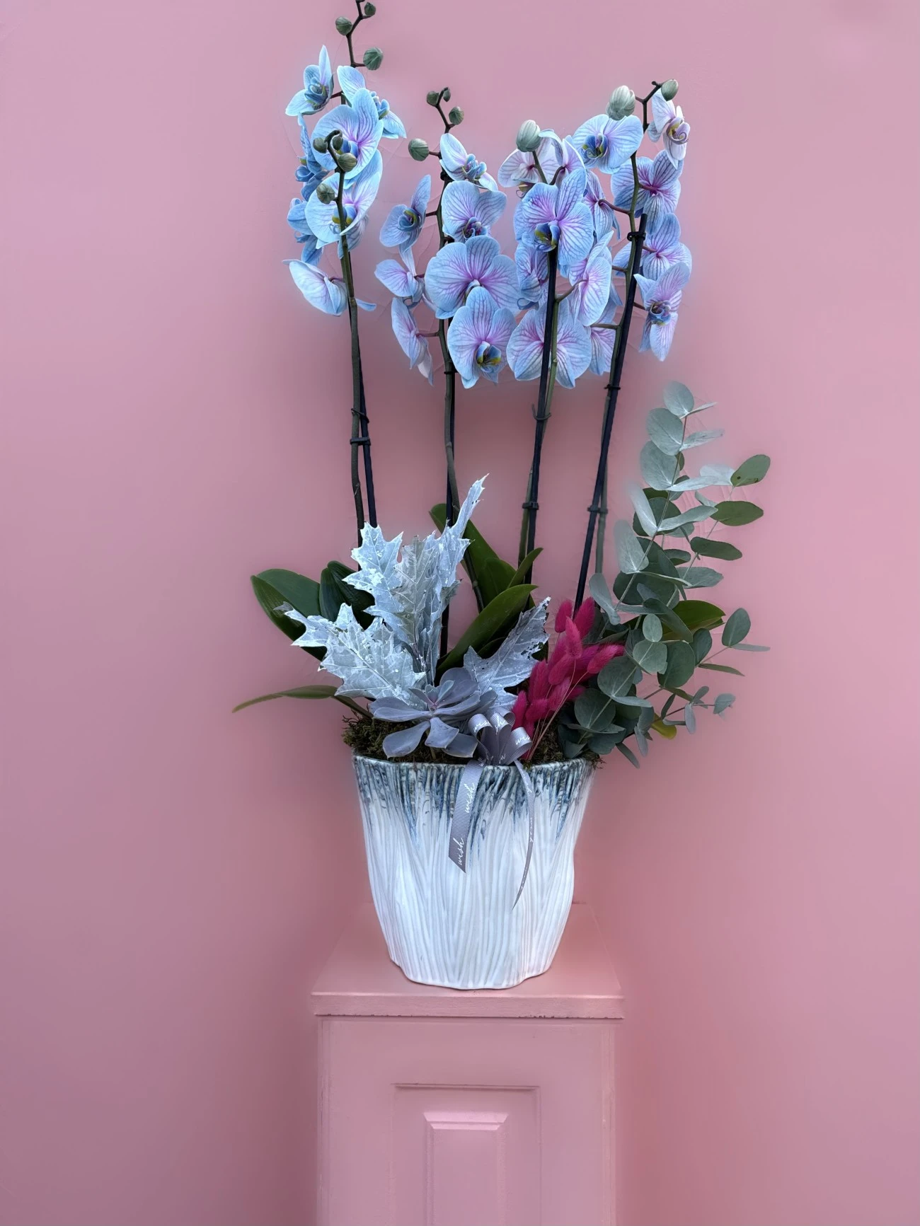 Özel Tasarım Seramik Vazoda Rainbow Mavi Orkide Bahçesi